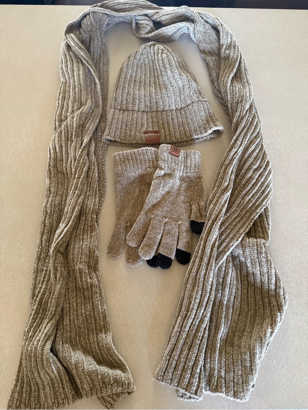 Three-Piece Knit Scarf, Beanie & Glove Set - Taupe